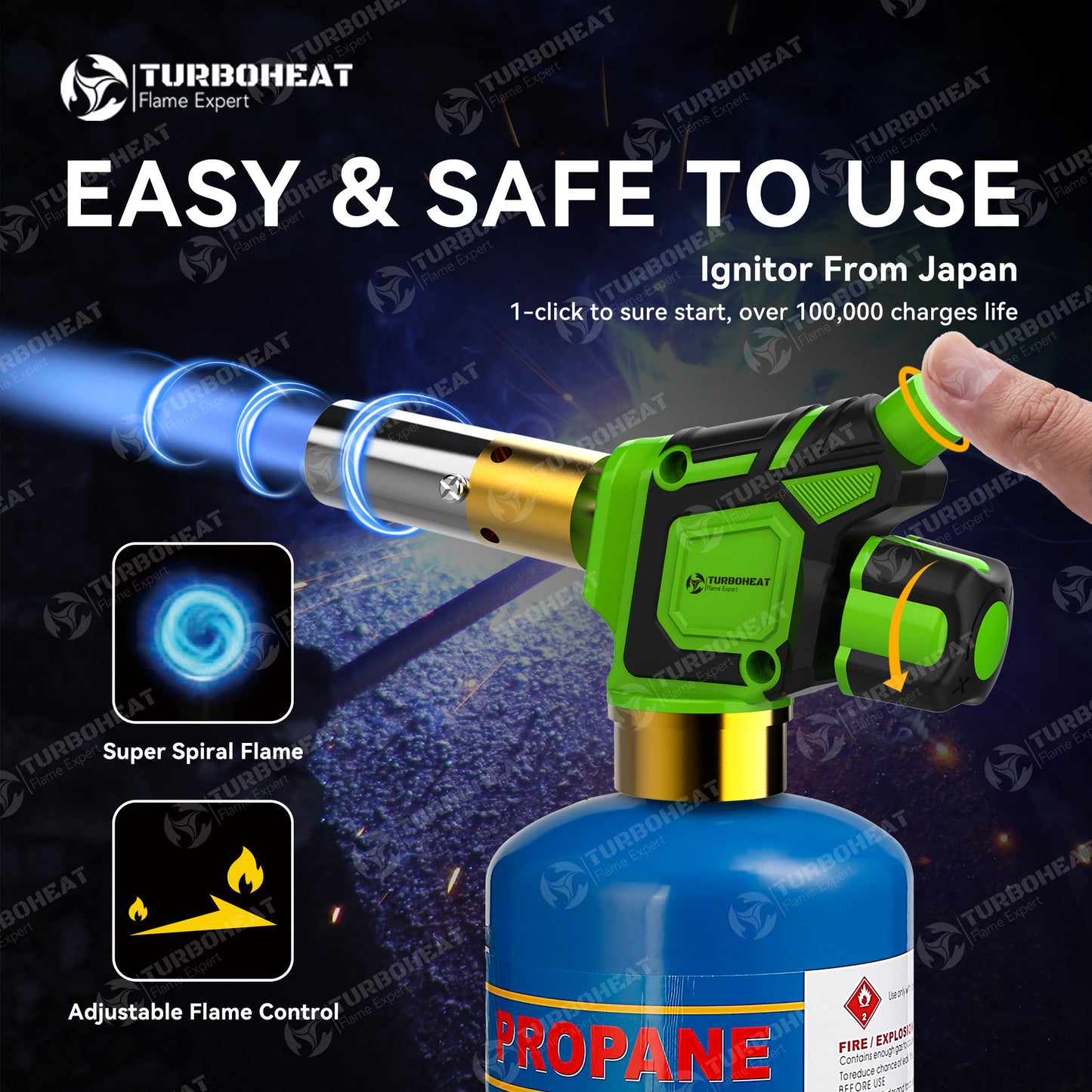 Handy Cyclone Propane Torch Head Turbo Flame Self Ignite Small Welding Torch Fuel on Propane MAPP MAP Pro Gas Cylinder Tank Push Button Trigger Start Mini Nozzle Soldering Brazing Glass Work