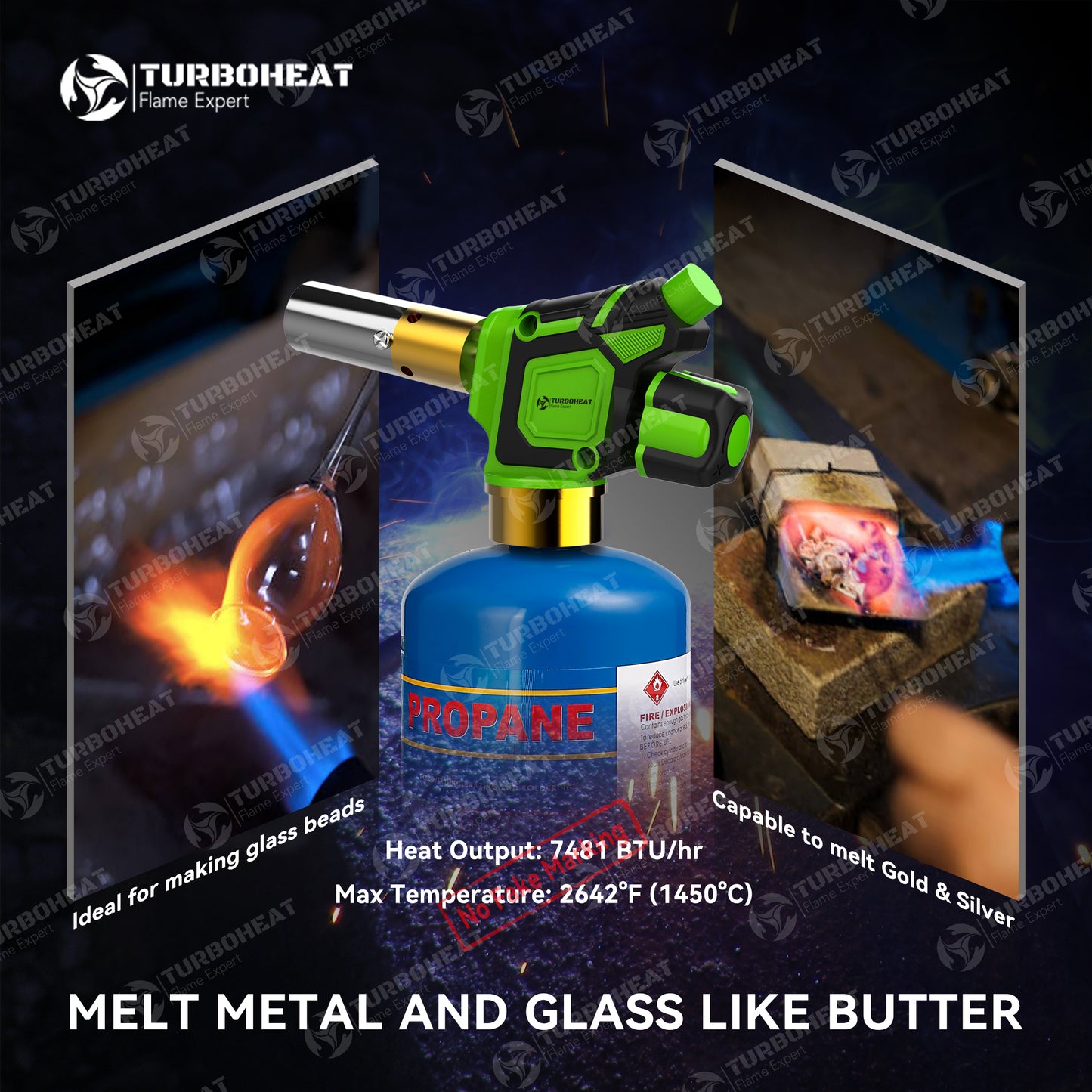 Handy Cyclone Propane Torch Head Turbo Flame Self Ignite Small Welding Torch Fuel on Propane MAPP MAP Pro Gas Cylinder Tank Push Button Trigger Start Mini Nozzle Soldering Brazing Glass Work