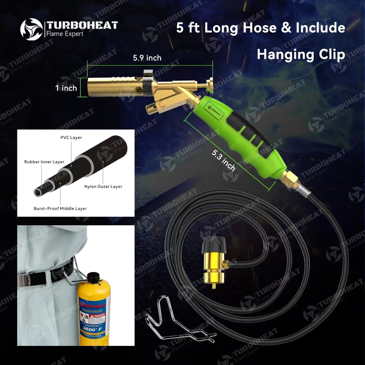 Super Jumbo Turbo Flame Propane Brass Torch with 5 ft Hose & Self Ignition High Intensity Portable Welding Torch kit Fuel on MAPP MAP Pro Gas for Soldering Brazing Large Diameter Copper Pipe