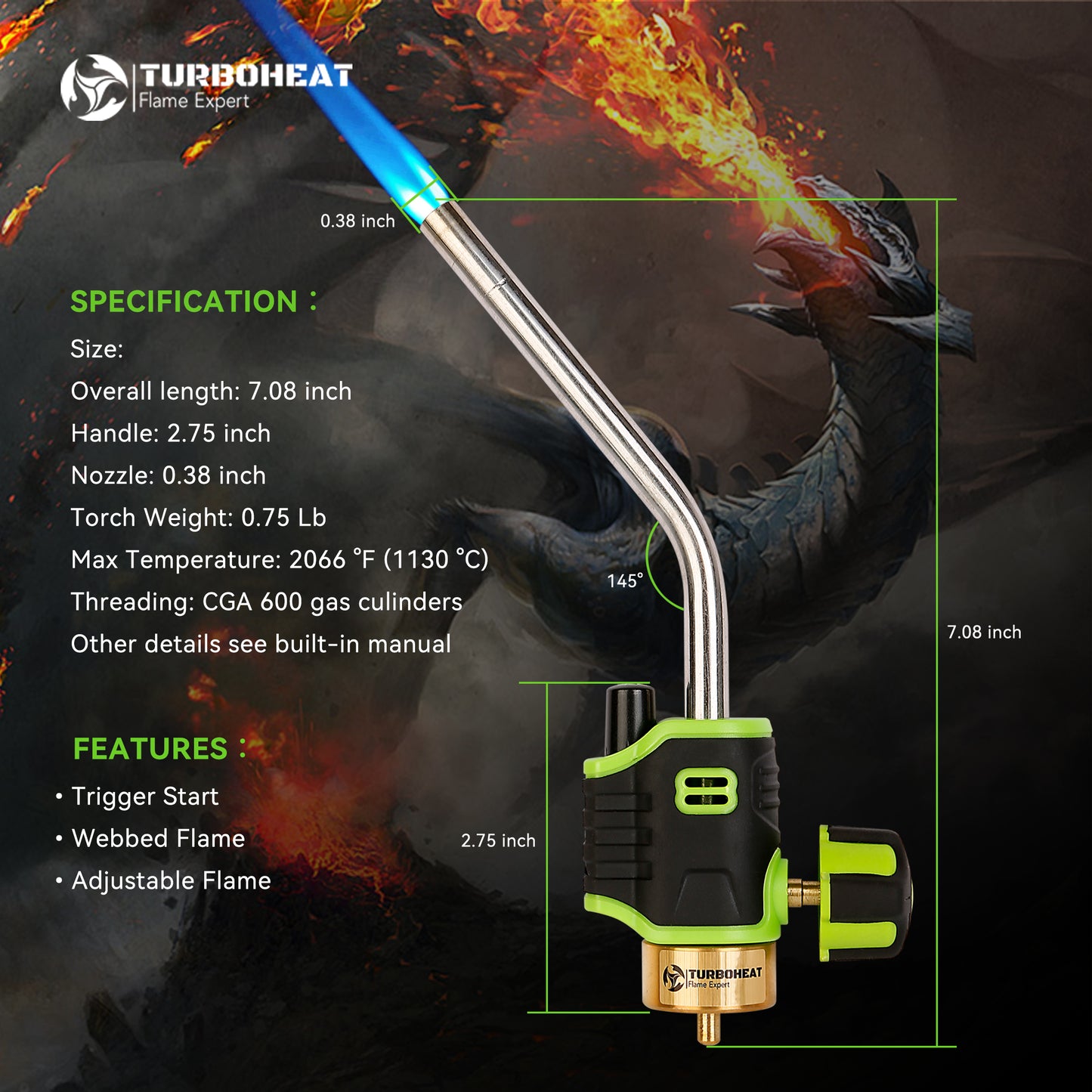 Handy Utility Propane Torch Head Webbed Flame Self Ignite Small Welding Torch Fuel on Propane Gas Cylinder Tank Push Button Trigger Start Mini Nozzle Soldering Brazing Glass Work