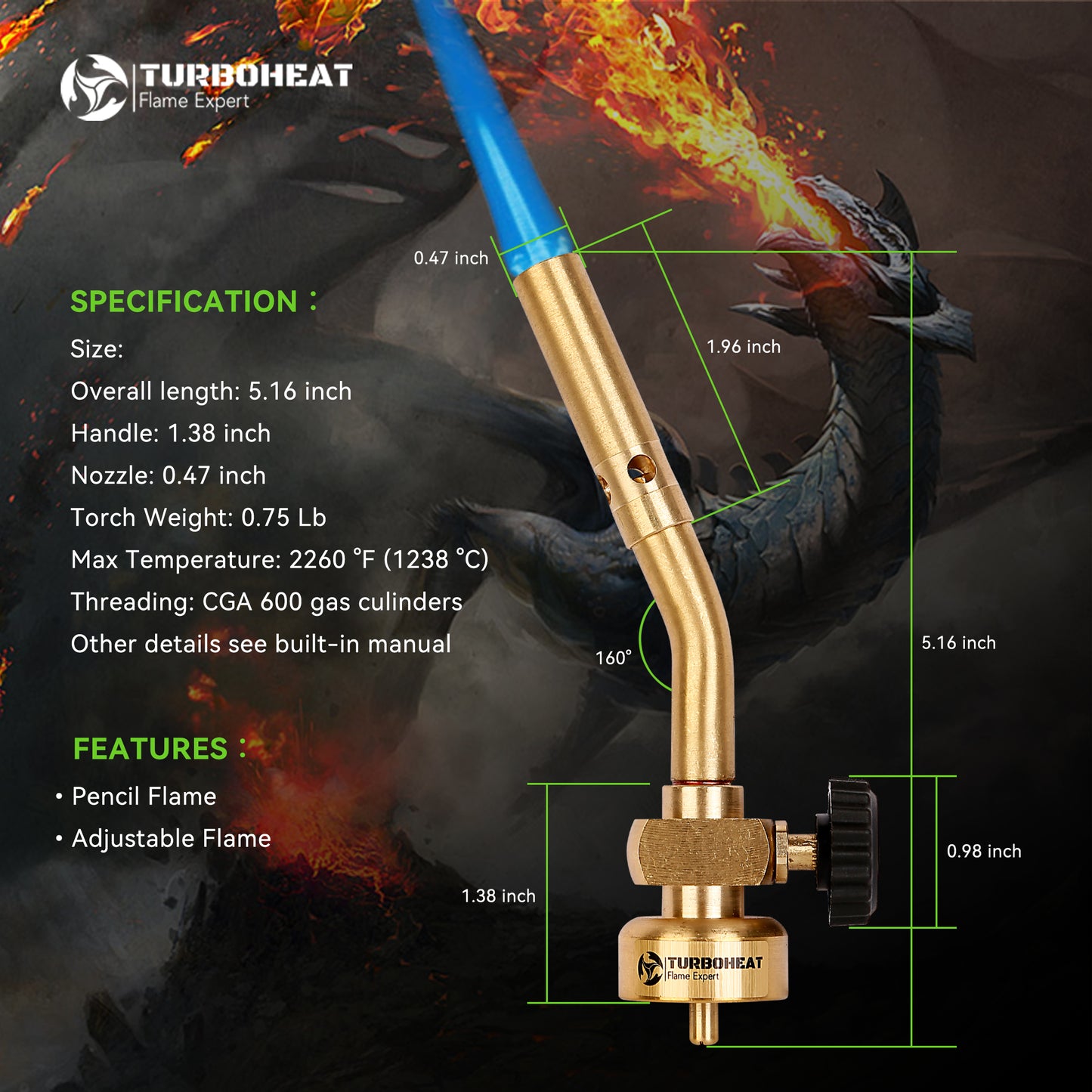 Solid Brass Torch Head with Pencil Flame, Propane Gas Cylinder Tank Mini Nozzle for Soldering, Brazing, Glass Work