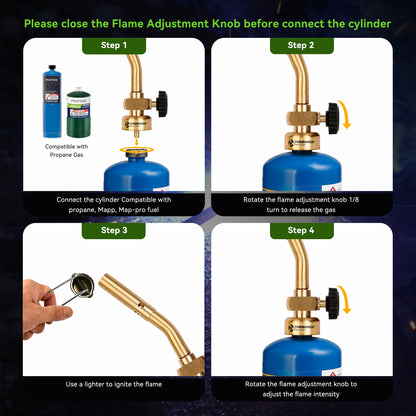 Solid Brass Torch Head with Pencil Flame, Propane Gas Cylinder Tank Mini Nozzle for Soldering, Brazing, Glass Work