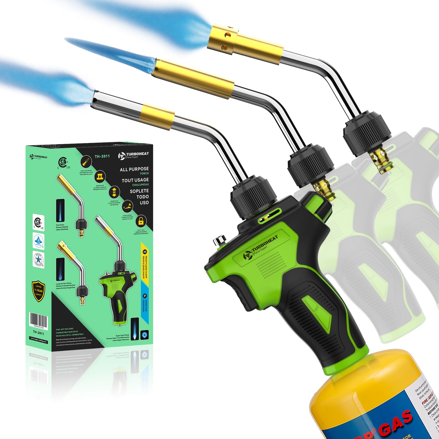 TH-2011 Metal Handle Interchangeable Tube Gas Welding Torch Kit,3 Tubes (Swirl, Pencil, Shrink Searing),Fuel MAPP MAP PRO Propane,Auto Trigger Start, Soldering Brazing Cooking,Heavy Duty 