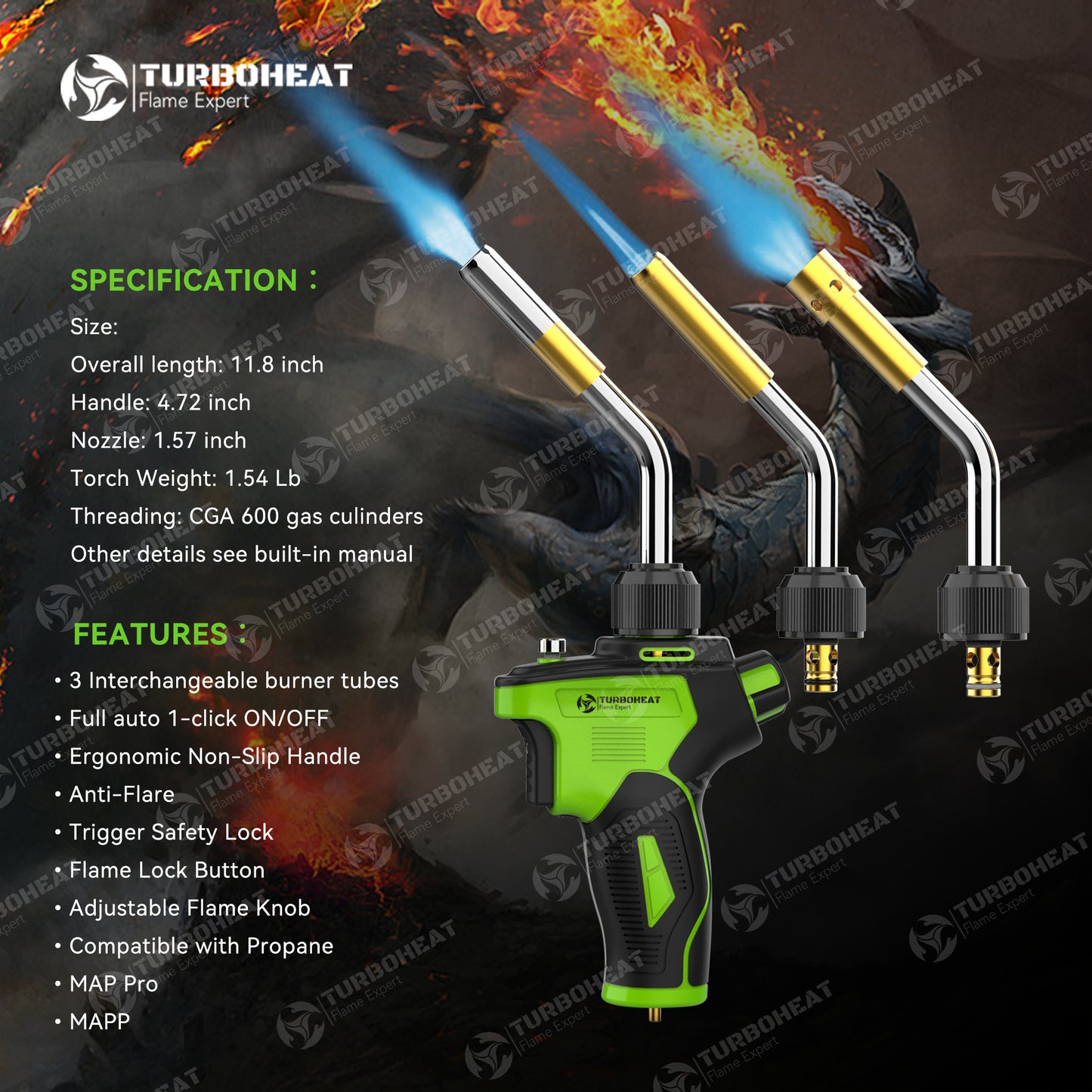 TH-2011 Metal Handle Interchangeable Tube Gas Welding Torch Kit,3 Tubes (Swirl, Pencil, Shrink Searing),Fuel MAPP MAP PRO Propane,Auto Trigger Start, Soldering Brazing Cooking,Heavy Duty 