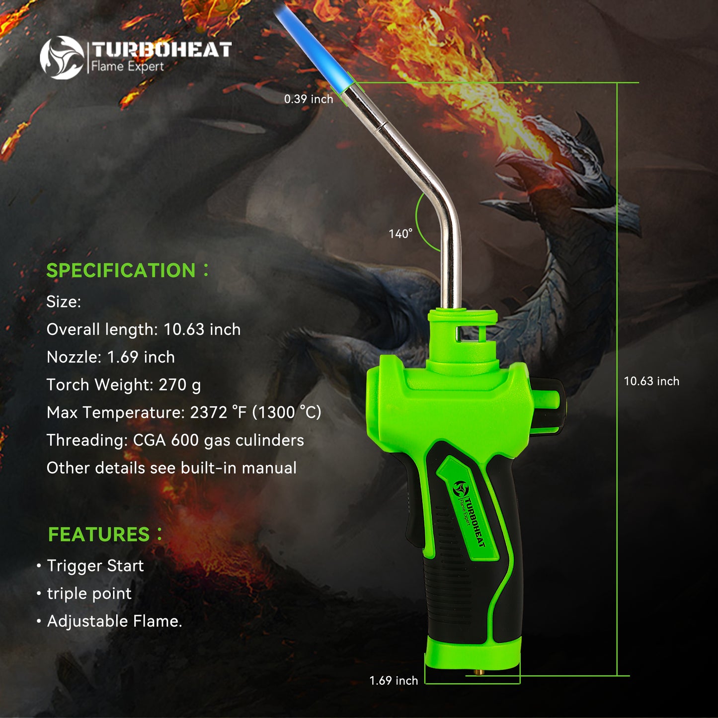 Propane Torch Head with Igniter, Trigger Start, Turbo Torch, Welding, Soldering (Fuel not included)