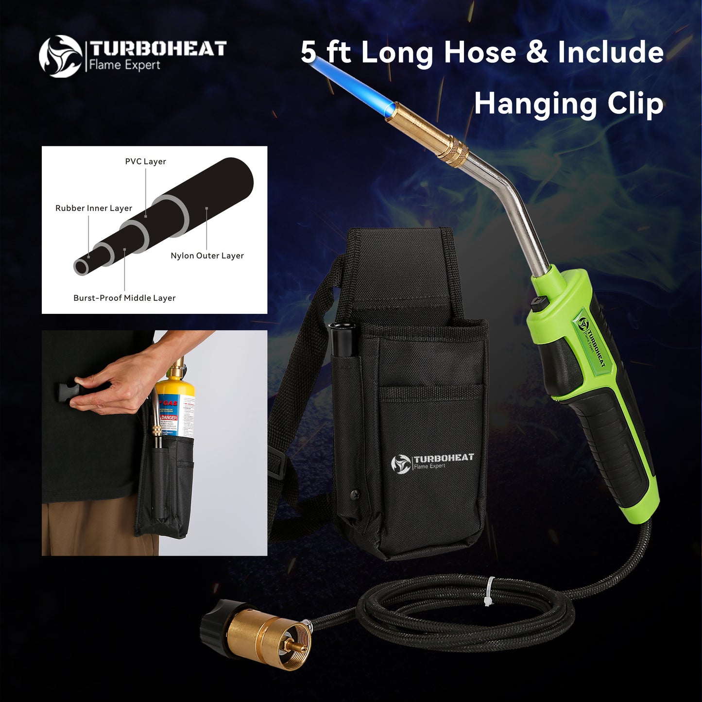 Propane Torch with 5FT Hose, High Intensity Swirl Flame,Trigger-Start, Included Holster For Fuel Canister,Soldering Torch Kit